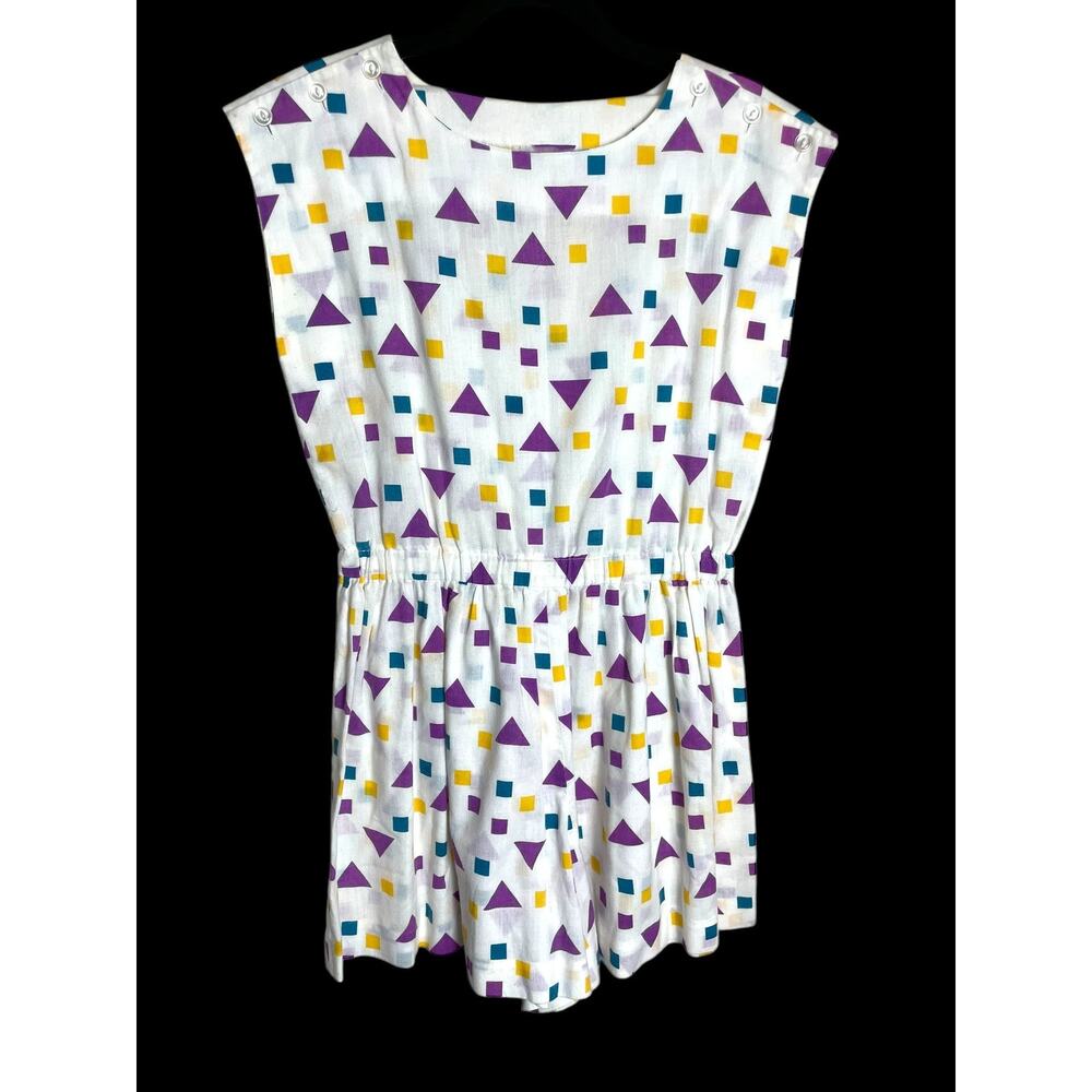 Vintage 80s Lightweight White Geometric Multicolor Cotton Handmade Romper Shorts - Picture 1 of 4